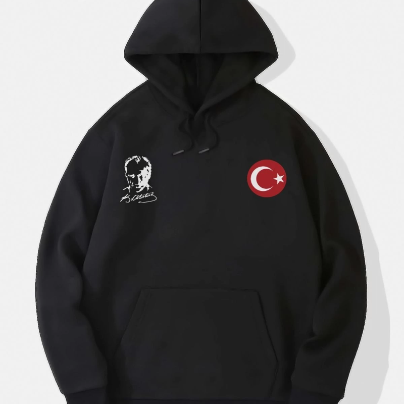 10 Kasıma Özel Üç İplik Kapüşonlu Baskılı SweatShirt - Siyah -
