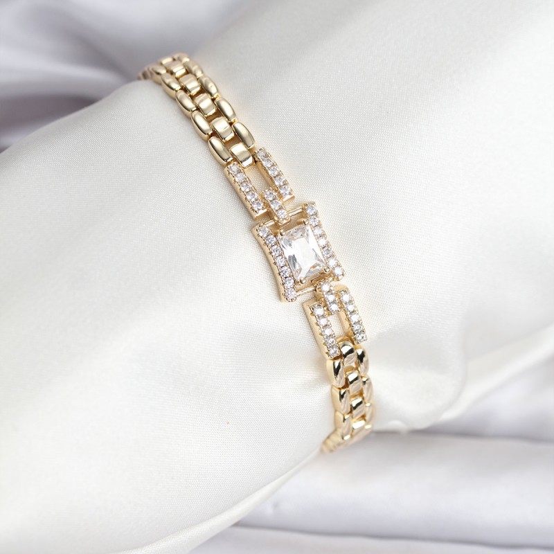 14K Gold Renk Kaplama Zirkon Kare Taşlı CM Kadın Bileklik