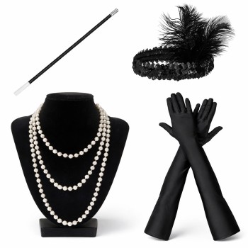 1920’ler Çarliston Aksesuar Seti – İnci Kolye, Eldiven, Sigara Tutucu, Siyah Saç Bandı