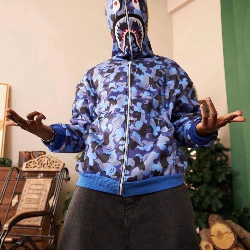 2 İplik Bape Kapüşonu Fermuarlı Hırka - Mavi