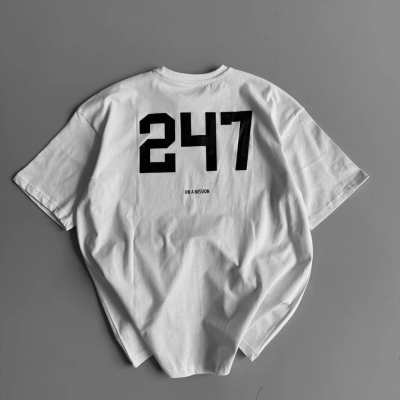 20/1 Penye Compack Baskılı Oversize Bisiklet Yaka Kısa Kol Yazlık T-shirt - Beyaz -