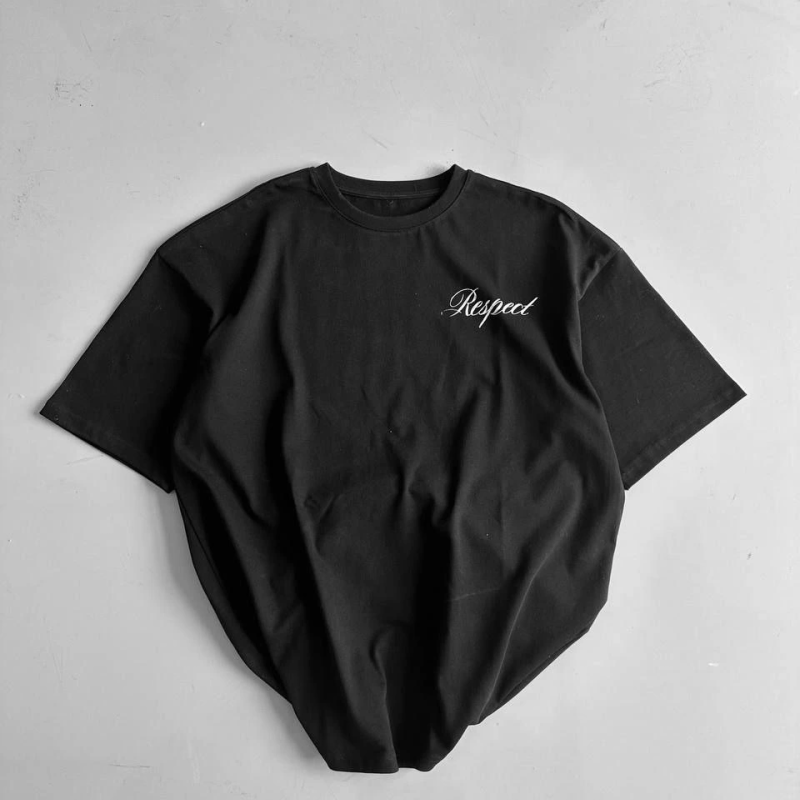 20/1 Penye Compack Baskılı Oversize Bisiklet Yaka Kısa Kol Yazlık T-shirt - Siyah -