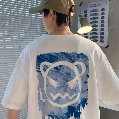 20/1 Penye Compack Bisiklet Yaka Kore tarzı sevimli ayı baskı Kısa Kol   t-shirt - Beyaz -