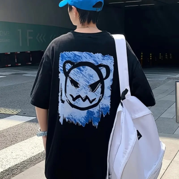 20/1 Penye Compack Bisiklet Yaka Kore tarzı sevimli ayı baskı Kısa Kol   t-shirt - Siyah -