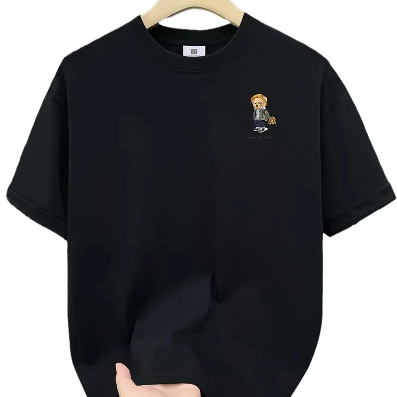 20/1 Penye Compack Gözlüklü Ayı Baskılı Oversize Bisiklet Yaka   T-shirt - Siyah -