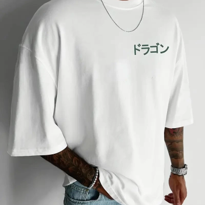 20/1 Penye Compack Ön Arka Ejder Baskılı Oversize Bisiklet Yaka T-shirt - Beyaz -