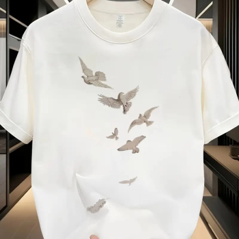 20/1 Penye Compack Özgür kuşlar Baskılı Oversize Bisiklet Yaka T-shirt - Beyaz -