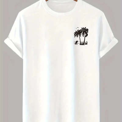 20/1 Penye Compack Palmiye Baskılı Oversize Bisiklet Yaka Kısa Kol T-shirt - Beyaz -