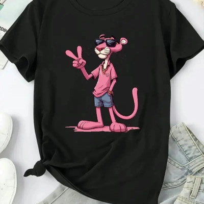 20/1 Penye Compack Pembe Panter Baskılı Oversize Bisiklet Yaka Kısa Kol Yazlık T-shirt - Beyaz -