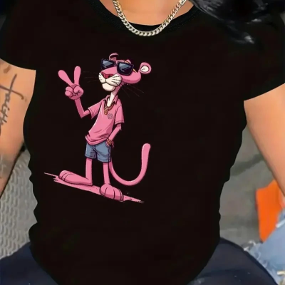 20/1 Penye Compack Pembe Panter Baskılı Oversize Bisiklet Yaka Kısa Kol Yazlık T-shirt - Beyaz -