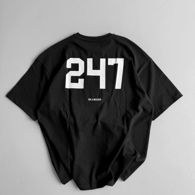 20/1 Penye CompackBaskılı Oversize Bisiklet Yaka Kısa Kol Yazlık T-shirt - Siyah -