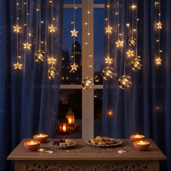 3 mt Fişli Hilal Cami Yıldız Ramazan Perde LED 