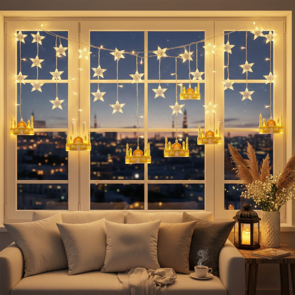 3 mt Fişli Sarı Cami Yıldız Ramazan Perde LED