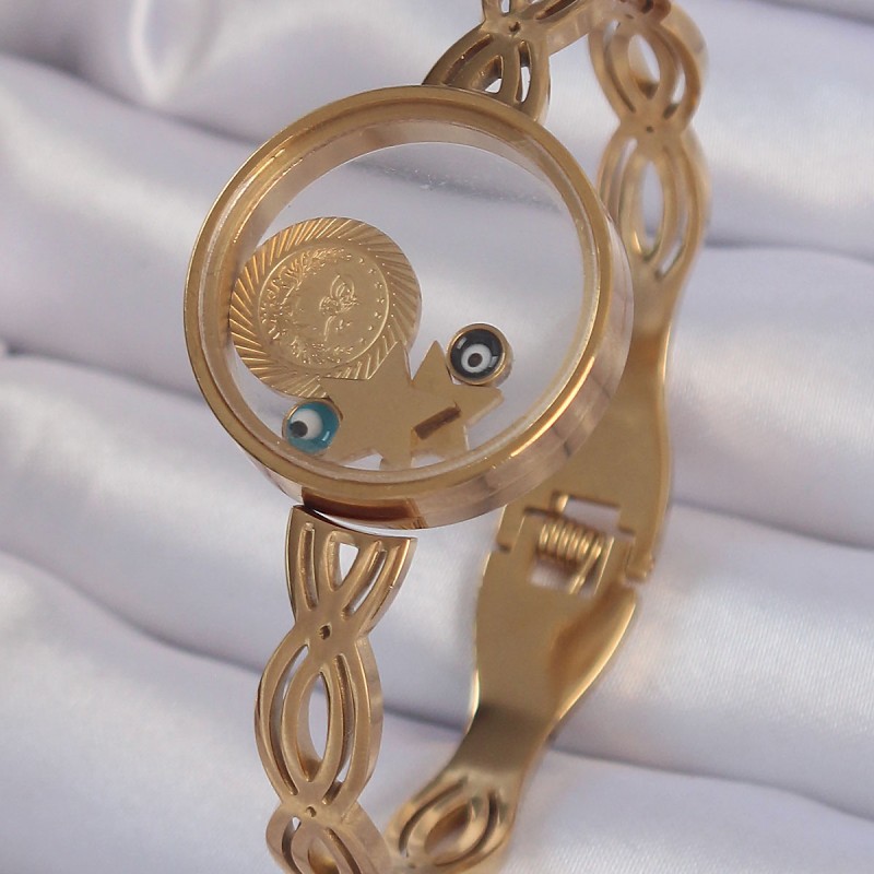 316L Çelik Altın Renk İçi Nazar Boncuk ve Yıldız Figürlü Açılabilir Fanus Kelepçe