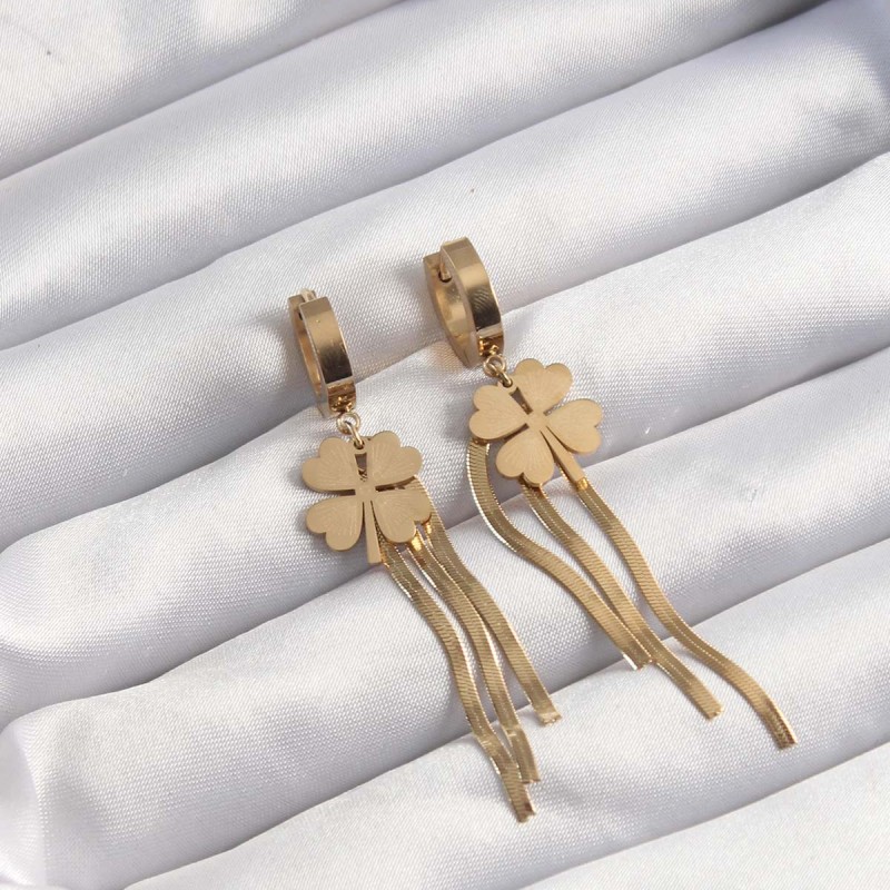 316L Çelik Altın Renk İtalyan Zincirli Yonca Model Halka Küpe