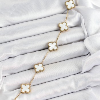 316L Çelik Beyaz Sedef Yonca Model Gold Renk Kadın Bileklik