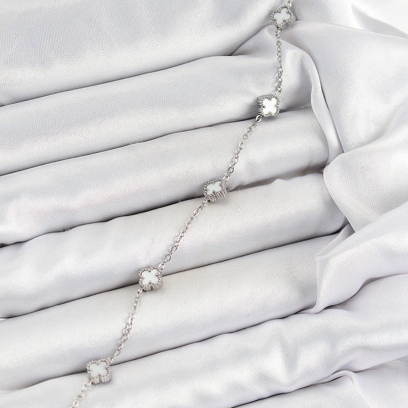 316L Çelik Beyaz Sedef Yonca Model Gümüş Renk Kadın Bileklik