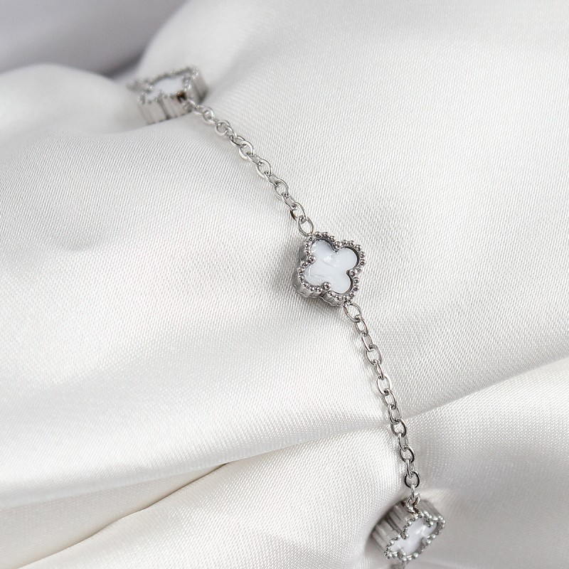 316L Çelik Beyaz Sedef Yonca Model Gümüş Renk Kadın Bileklik