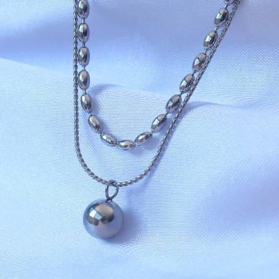 316L Çelik Çift Zincirli Gümüş Renk Topçuk Model Kolye