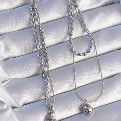 316L Çelik Çift Zincirli Gümüş Renk Topçuk Model Kolye