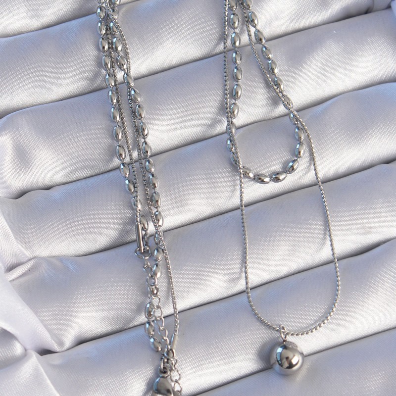 316L Çelik Çift Zincirli Gümüş Renk Topçuk Model Kolye