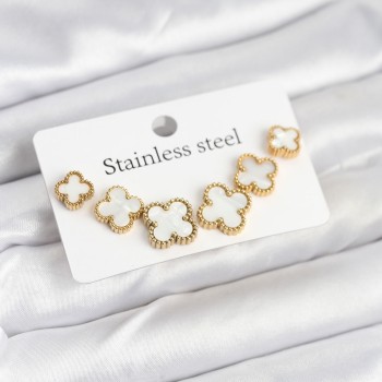 316L Çelik Gold Beyaz Renk 3 Boy Yonca Küpe Seti