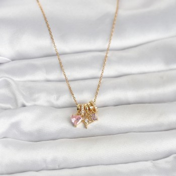 316L Çelik Gold Pembe Zirkon Taşlı Charmlı Kadın Kolye