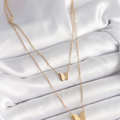 316L Çelik Gold Renk 2'Li Simli Kelebek Model Kadın Kolye