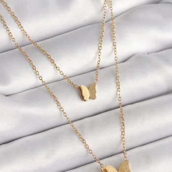 316L Çelik Gold Renk 2'Li Simli Kelebek Model Kadın Kolye