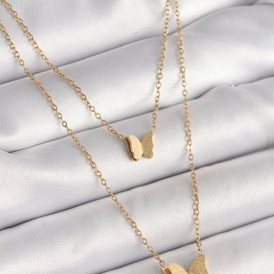 316L Çelik Gold Renk 2'Li Simli Kelebek Model Kadın Kolye