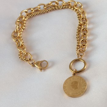 316L Çelik Gold Renk 2'li Zincir Model Çeyrek Altınlı Kadın Bileklik