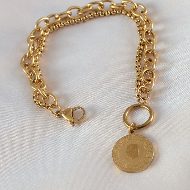 316L Çelik Gold Renk 2'li Zincir Model Çeyrek Altınlı Kadın Bileklik