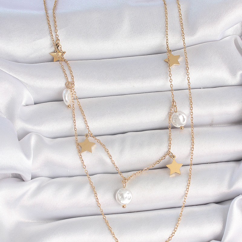 316L Çelik Gold Renk 2'Li Zincir Sallantı Yıldız İnci Model Kadın Kolye