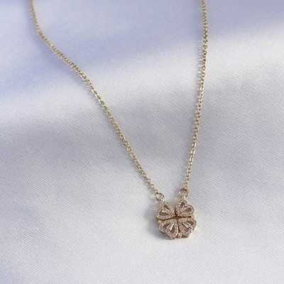 316L Çelik Gold Renk Açılır Zirkon Taşlı Yonca Model Kadın Kolye