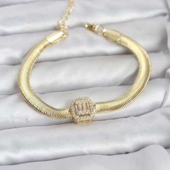 316L Çelik Gold Renk Baget Zirkon Taşlı Yılan Zincirli Kadın Bileklik