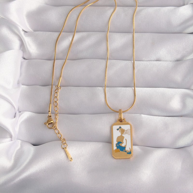 316L Çelik Gold Renk Beyaz Mineli Kız Figür Tarot Kolye