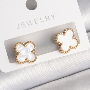 316L Çelik Gold Renk Beyaz Minelik Yonca Model Kadın Küpe