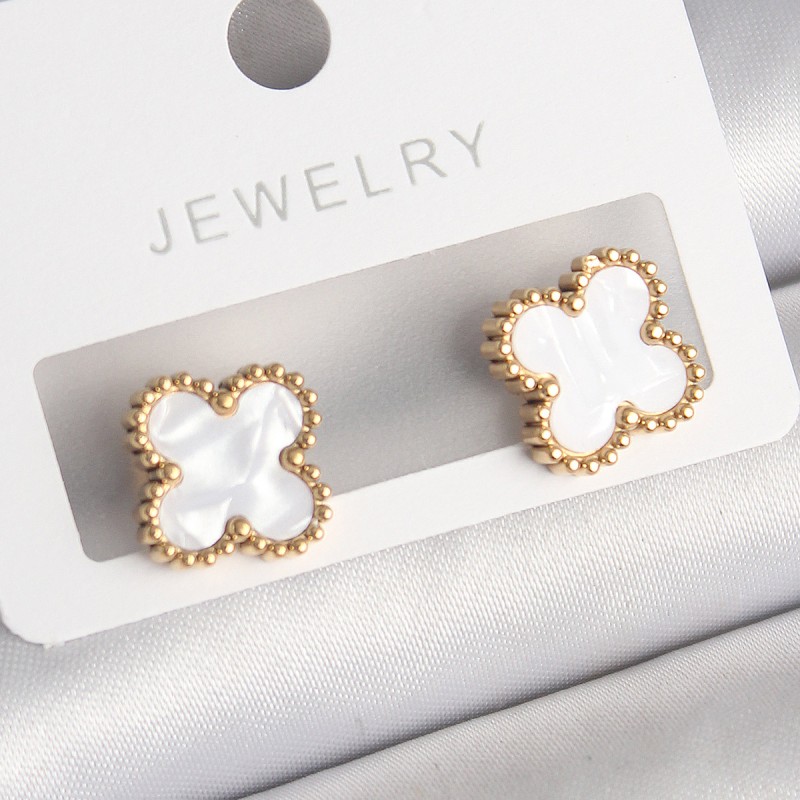 316L Çelik Gold Renk Beyaz Minelik Yonca Model Kadın Küpe