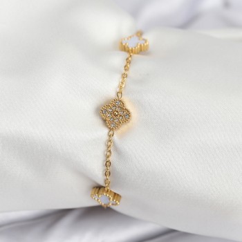 316L Çelik Gold Renk Beyaz ve Zirkon Taşlı Baby Boy Yonca Kadın Bileklik