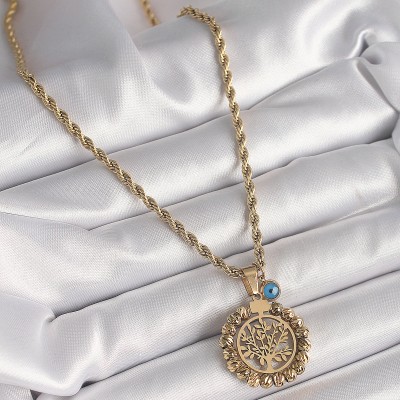 316L Çelik Gold Renk Burgu Zincir Dorika Yaşam Ağacı Figür Nazar Boncuk Detay Kadın Kolye
