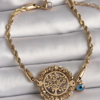 316L Çelik Gold Renk Burgu Zincir Model Dorika Yaşam Ağacı Figür Nazar Boncuk Detay Kadın Bileklik