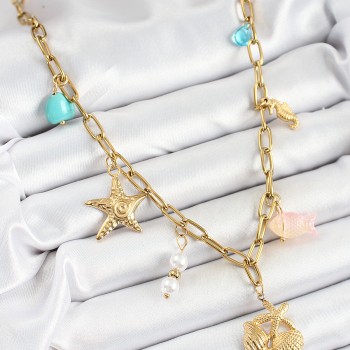 316L Çelik Gold Renk Deniz Yıldızı ve Deniz Kabuğu Konsept Kadın Kolye