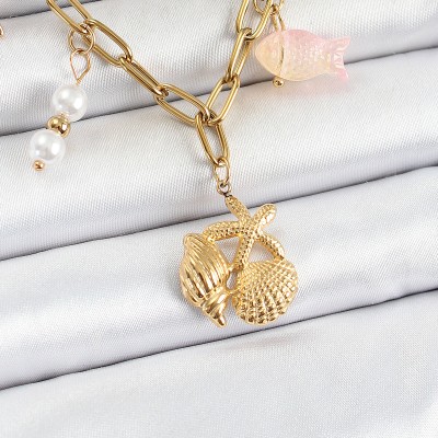 316L Çelik Gold Renk Deniz Yıldızı ve Deniz Kabuğu Konsept Kadın Kolye