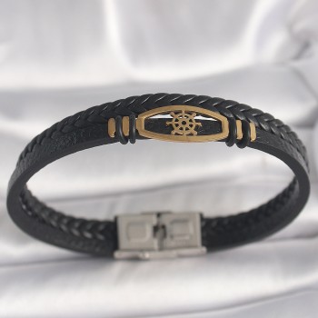 316L Çelik Gold Renk Gemi Dümen Figür Siyah Renk Çift Sıra Burgu Desenli Deri Kordon Erkek Bileklik