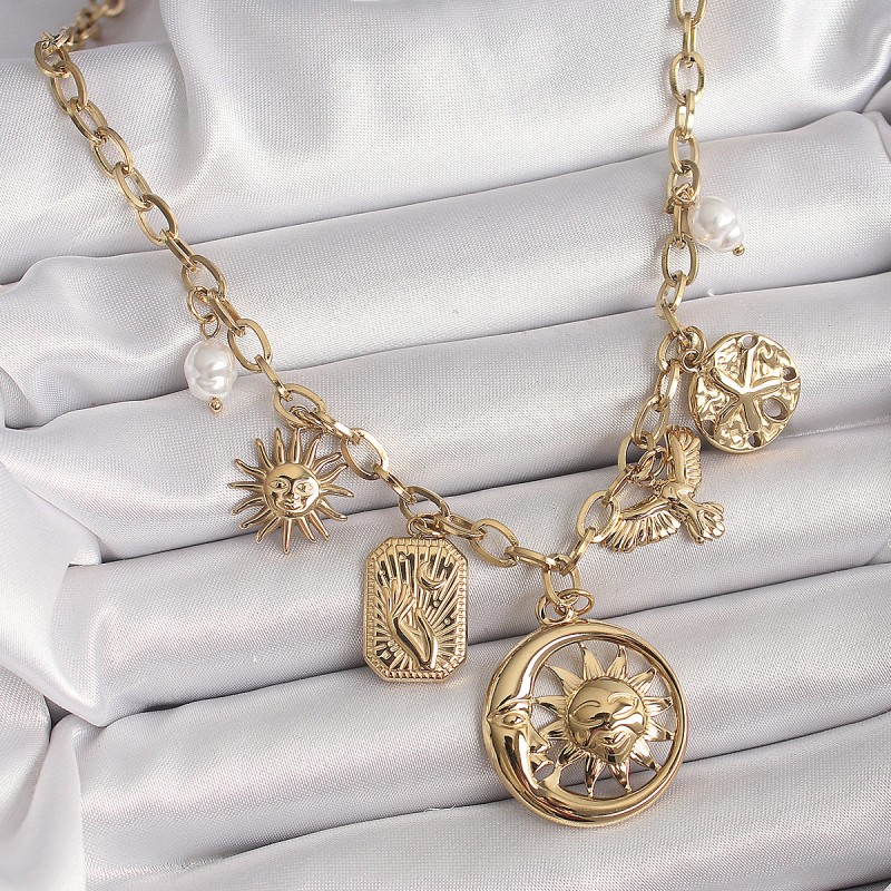 316L Çelik Gold Renk Halka Zincir Sallantı Ay Güneş Figür Kuş Detay Kadın Kolye