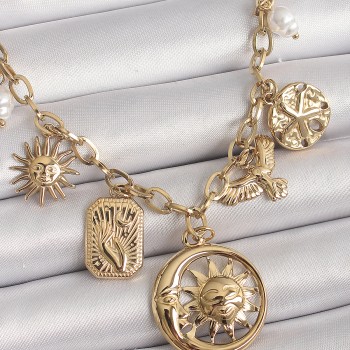 316L Çelik Gold Renk Halka Zincir Sallantı Ay Güneş Figür Kuş Detay Kadın Kolye