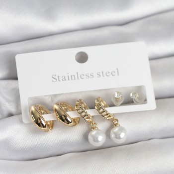 316L Çelik Gold Renk inci Halka Detaylı Kadın Küpe Seti