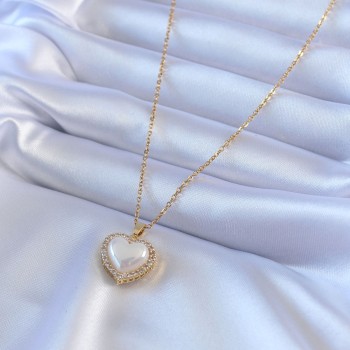 316L Çelik Gold Renk İncili Kalp Model Zirkon Taşlı Kadın Kolye