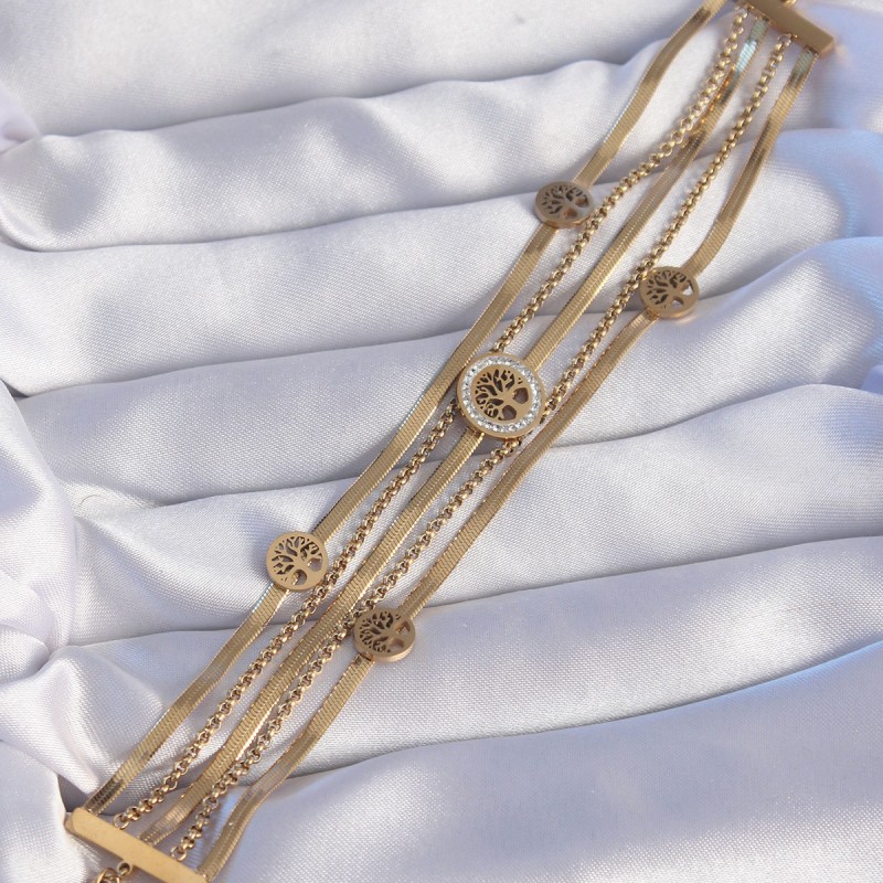 316L Çelik Gold Renk İtalyan Zincir Detaylı Zirkon Taşlı Yaşam Ağacı Tasarımlı Çoklu Bileklik