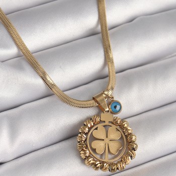 316L Çelik Gold Renk İtalyan Zincir Dorika Yonca Model Nazar Boncuk Detay Kadın Kolye